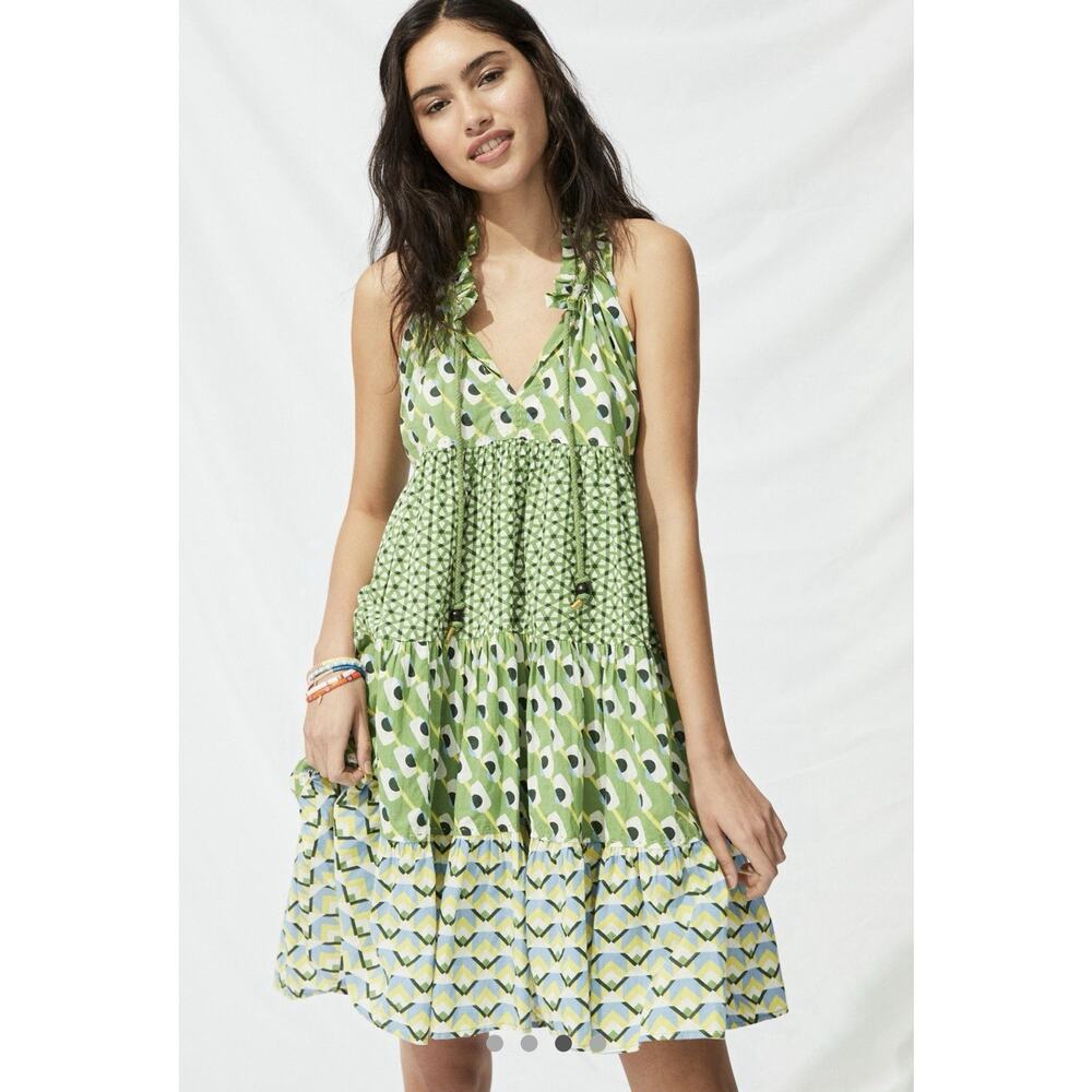 RO'S GARDEN Anthropologie Sofia Phoenix Green Tiered Tunic Cover-Up Dress Sz M